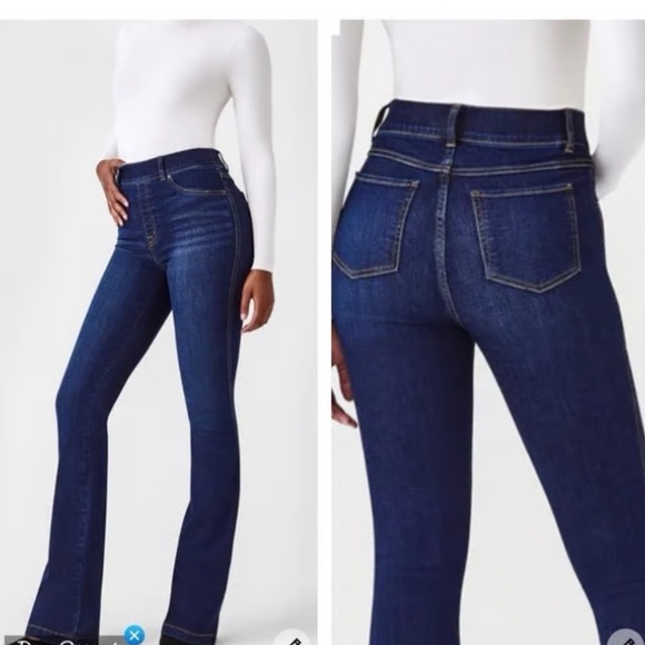 SPANX FLARE LEG MEDIUM DARK WASH PULL ON STYLE JEANS SZ LARGE - Picture 1 of 6